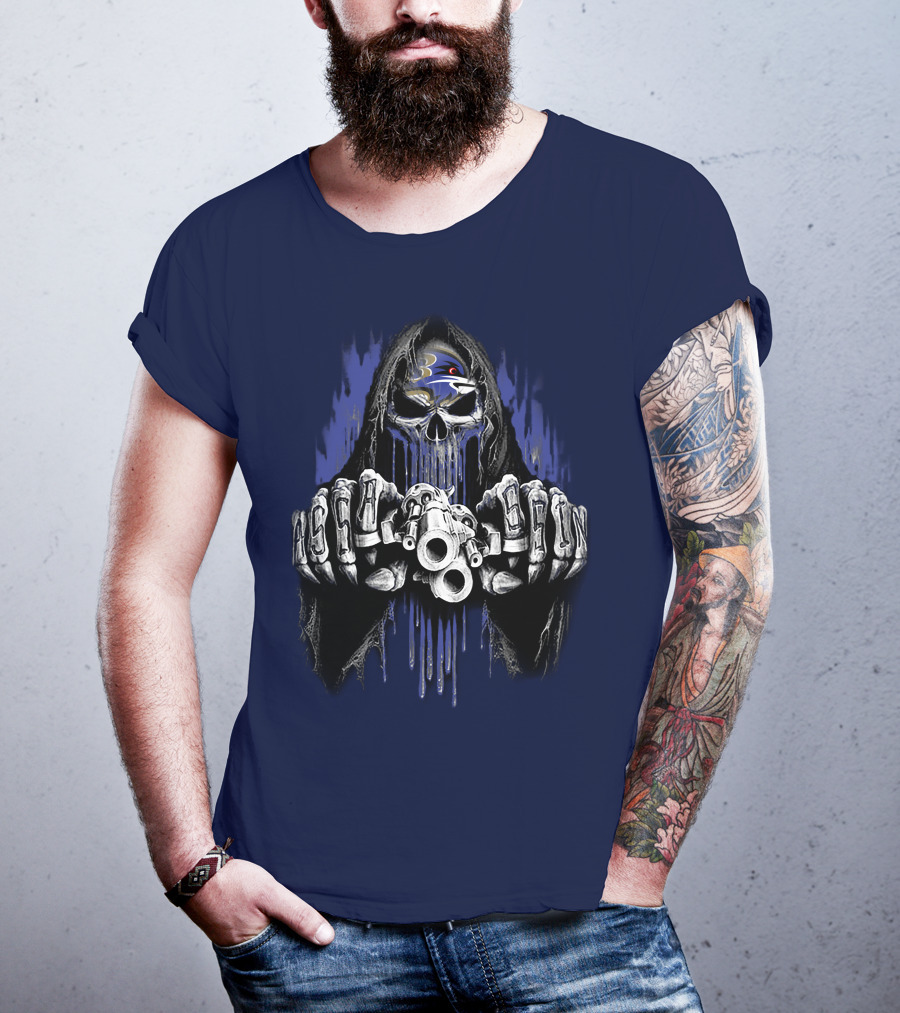 Baltimore Ravens Skull Reaper Gun Fists T-Shirt