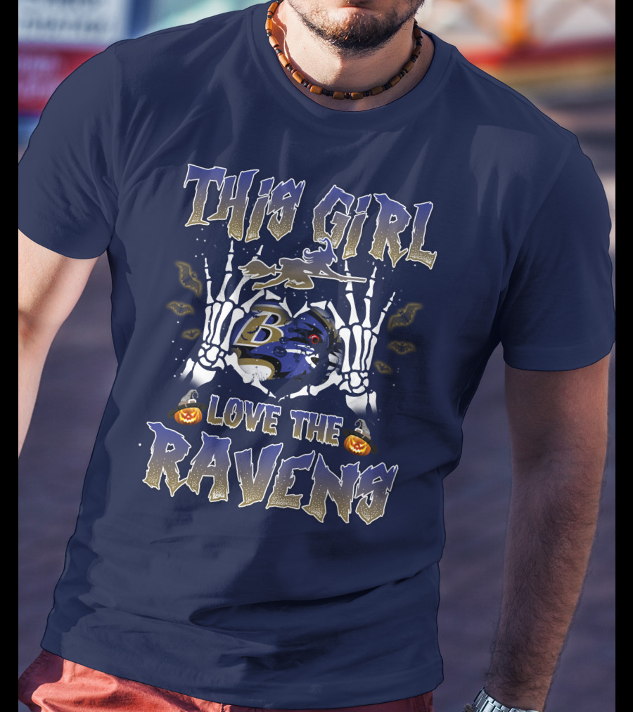 This Girl Loves The Baltimore Ravens 80 Halloween Skeleton Theme T-Shirt