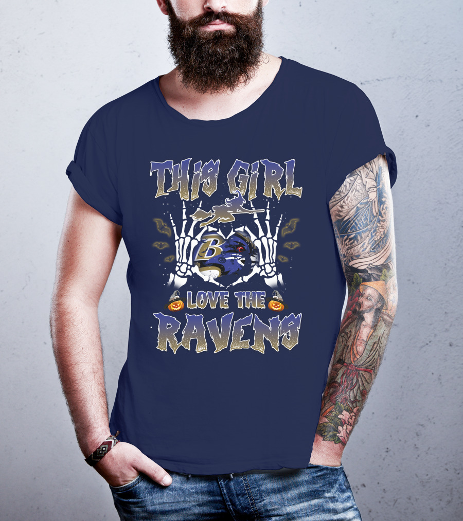 This Girl Loves The Baltimore Ravens 80 Halloween Skeleton Theme T-Shirt