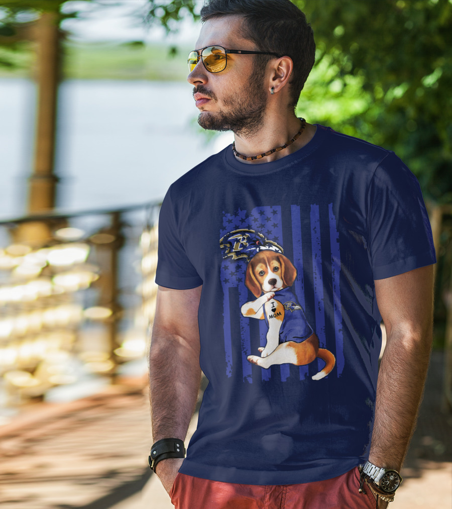 Beagle Puppy I Love Mom Baltimore Ravens Fan With Tattoo And Team Jersey T-Shirt