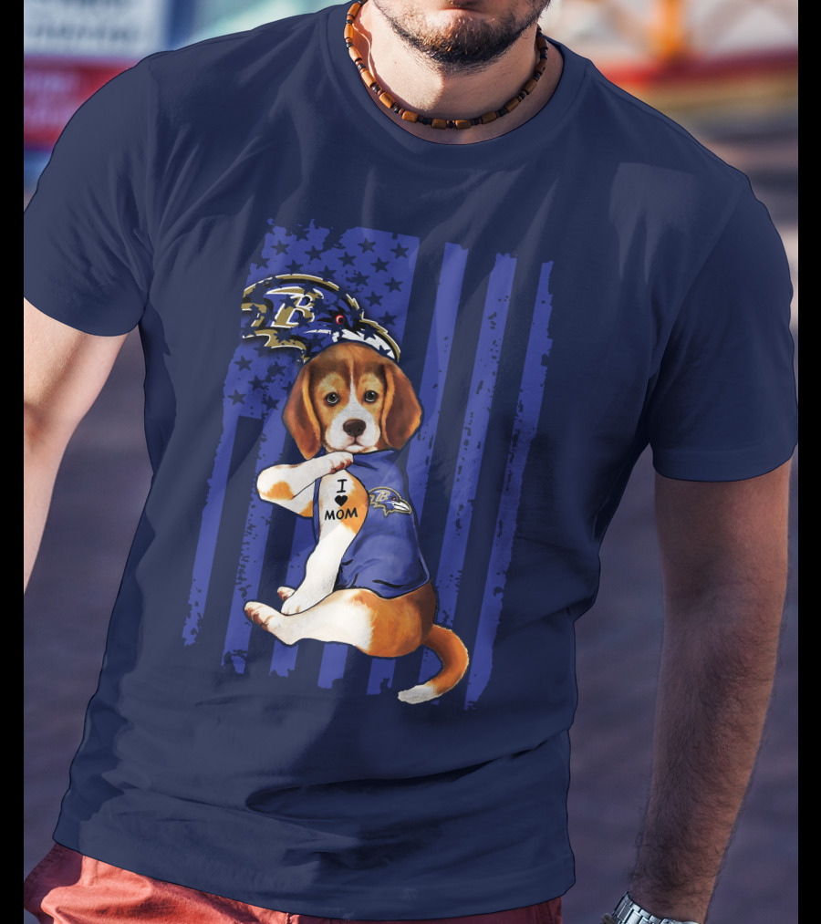 Beagle Puppy I Love Mom Baltimore Ravens Fan With Tattoo And Team Jersey T-Shirt