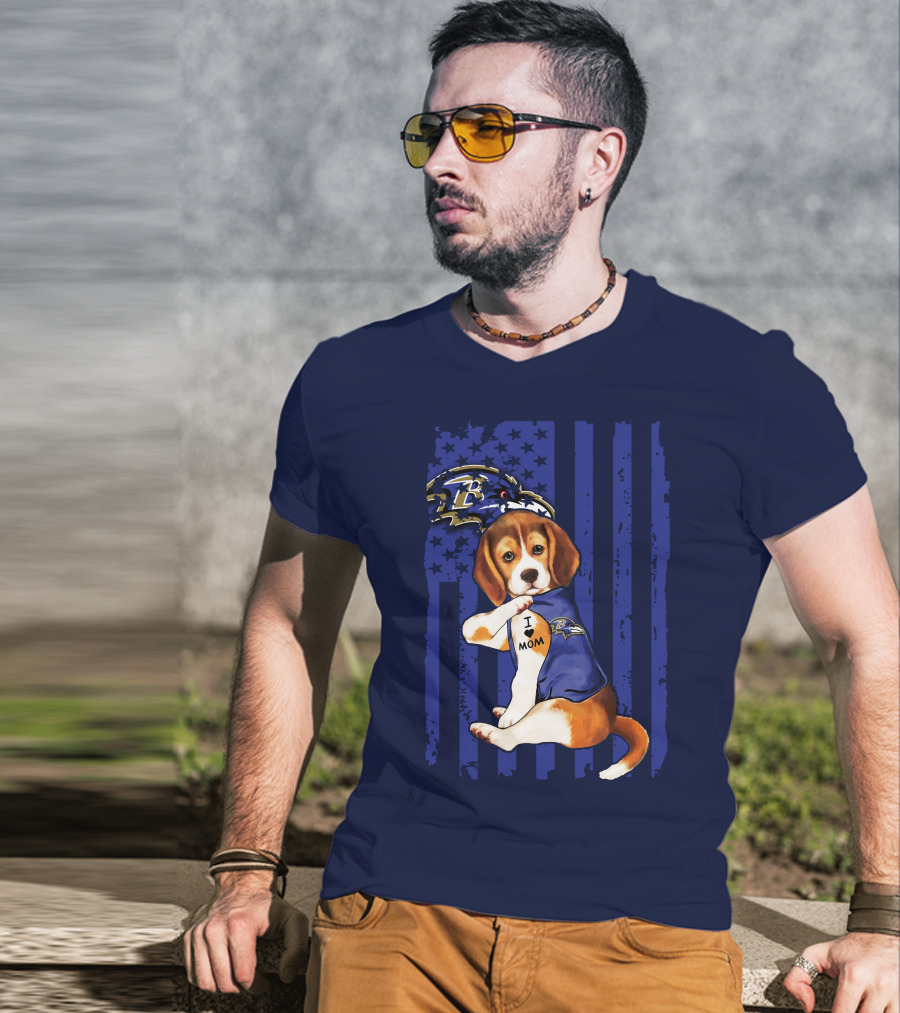 Beagle Puppy I Love Mom Baltimore Ravens Fan With Tattoo And Team Jersey T-Shirt