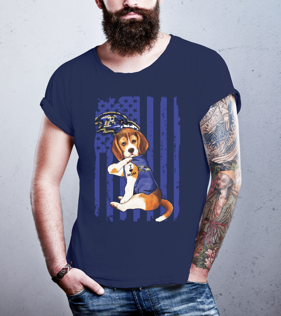 Beagle Puppy I Love Mom Baltimore Ravens Fan With Tattoo And Team Jersey T-Shirt