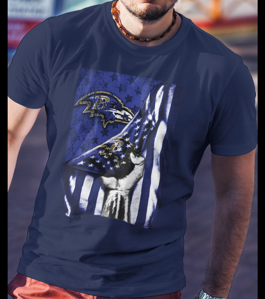 Fist Holding American Flag With Baltimore Ravens Logo And Stars T-Shirt