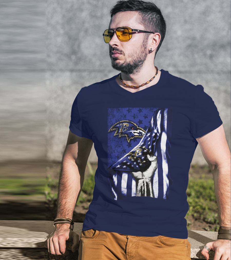 Fist Holding American Flag With Baltimore Ravens Logo And Stars T-Shirt