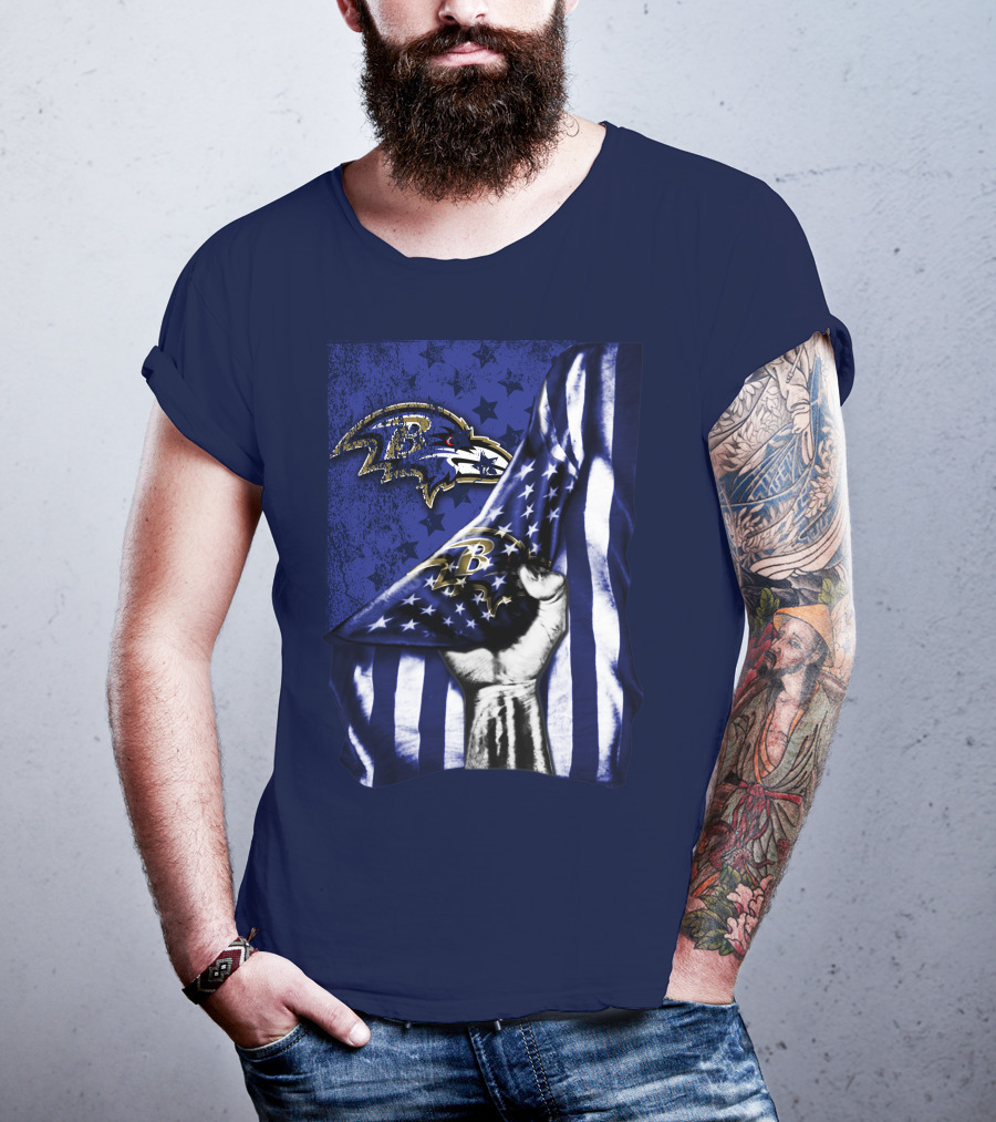 Fist Holding American Flag With Baltimore Ravens Logo And Stars T-Shirt