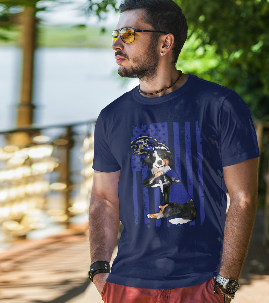 Border Collie Wearing Baltimore Ravens Gear With I Love Mom Tattoo T-Shirt