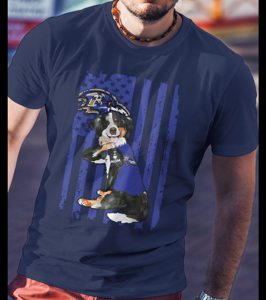 Border Collie Wearing Baltimore Ravens Gear With I Love Mom Tattoo T-Shirt