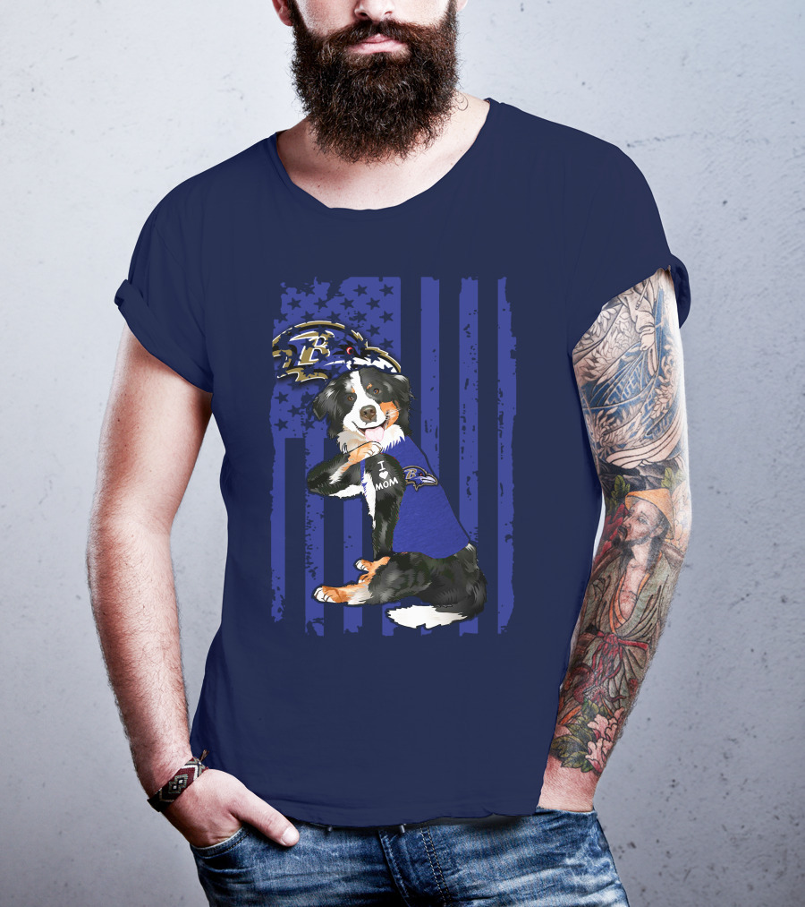 Border Collie Wearing Baltimore Ravens Gear With I Love Mom Tattoo T-Shirt