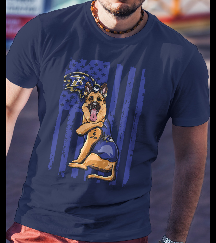 German Shepherd Illustrated With Baltimore Ravens NFL Symbol And I Love Mom Tattoo T-Shirt