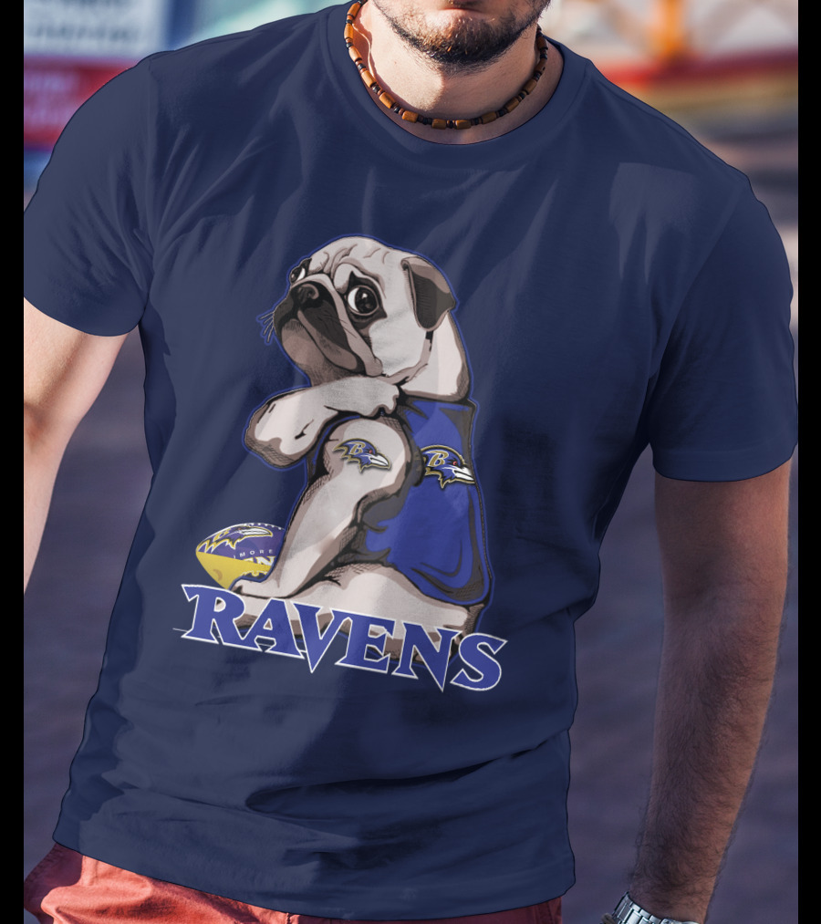 Pug Wearing Baltimore Ravens Football Jersey With Ravens Logo And Football T-Shirt