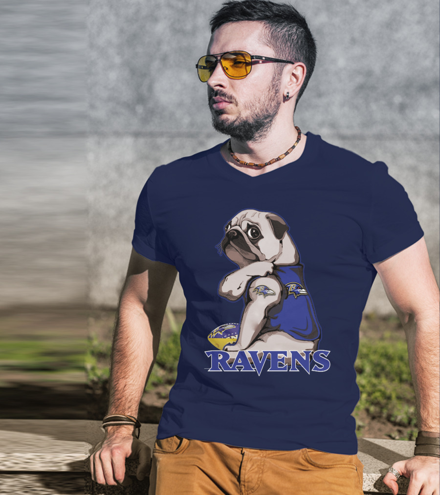Pug Wearing Baltimore Ravens Football Jersey With Ravens Logo And Football T-Shirt