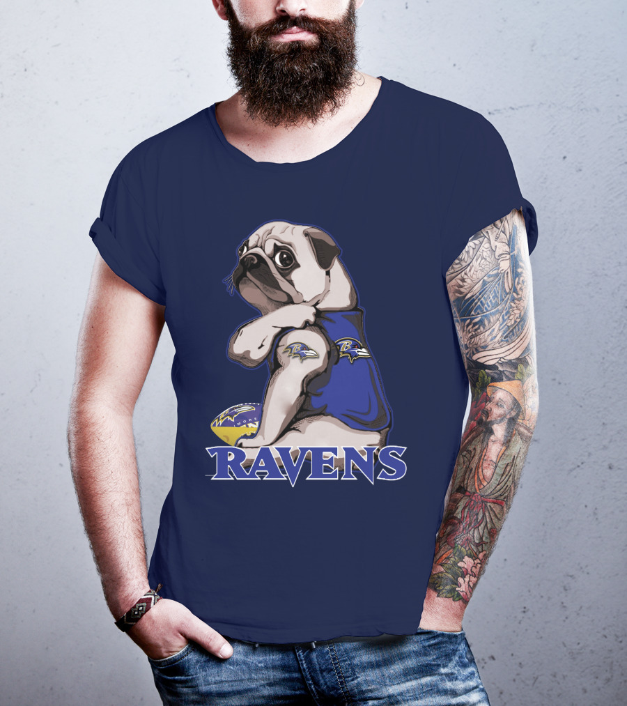 Pug Wearing Baltimore Ravens Football Jersey With Ravens Logo And Football T-Shirt