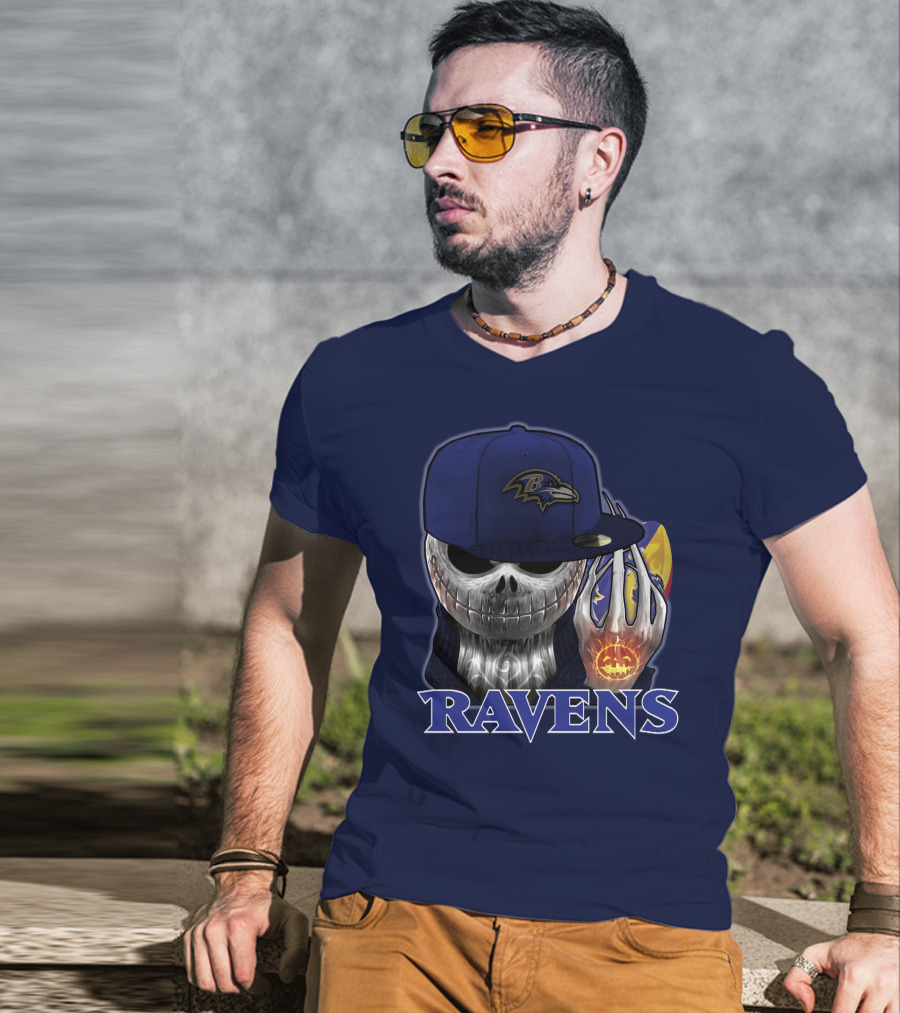 Jackskull Ravens Baltimore Football Logo And Pumpkin T-Shirt