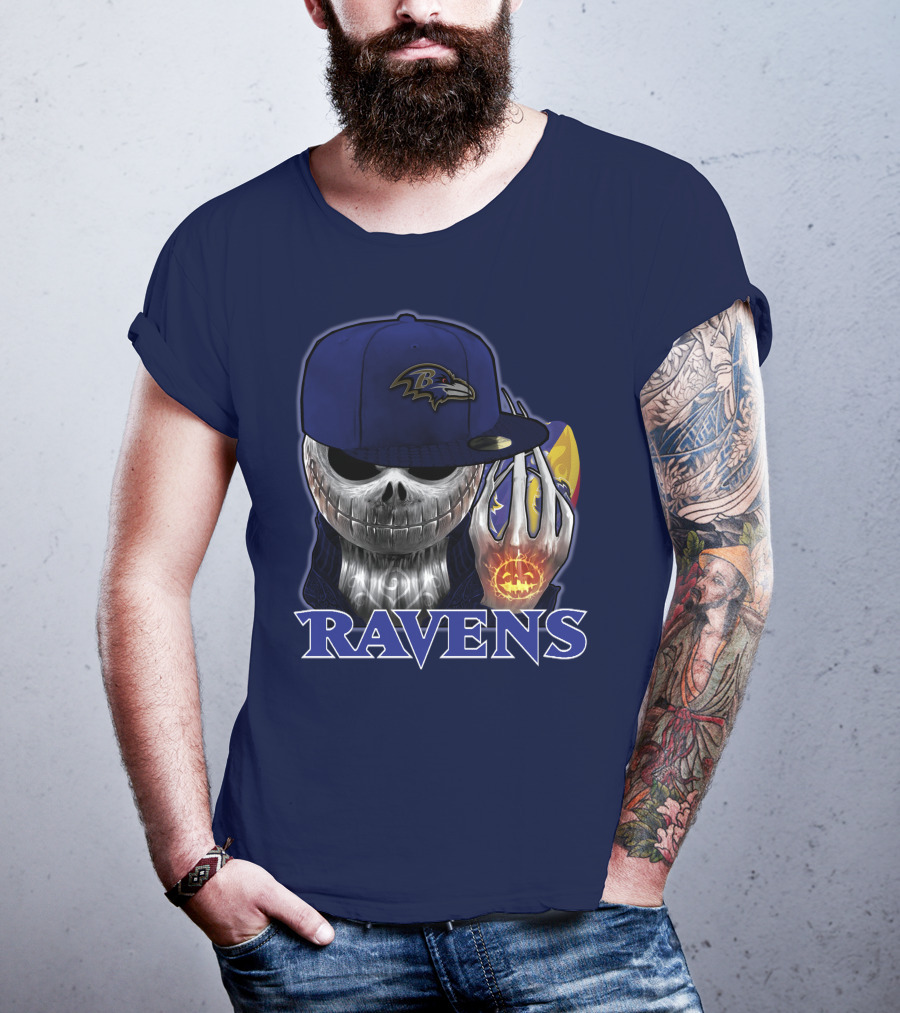 Jackskull Ravens Baltimore Football Logo And Pumpkin T-Shirt