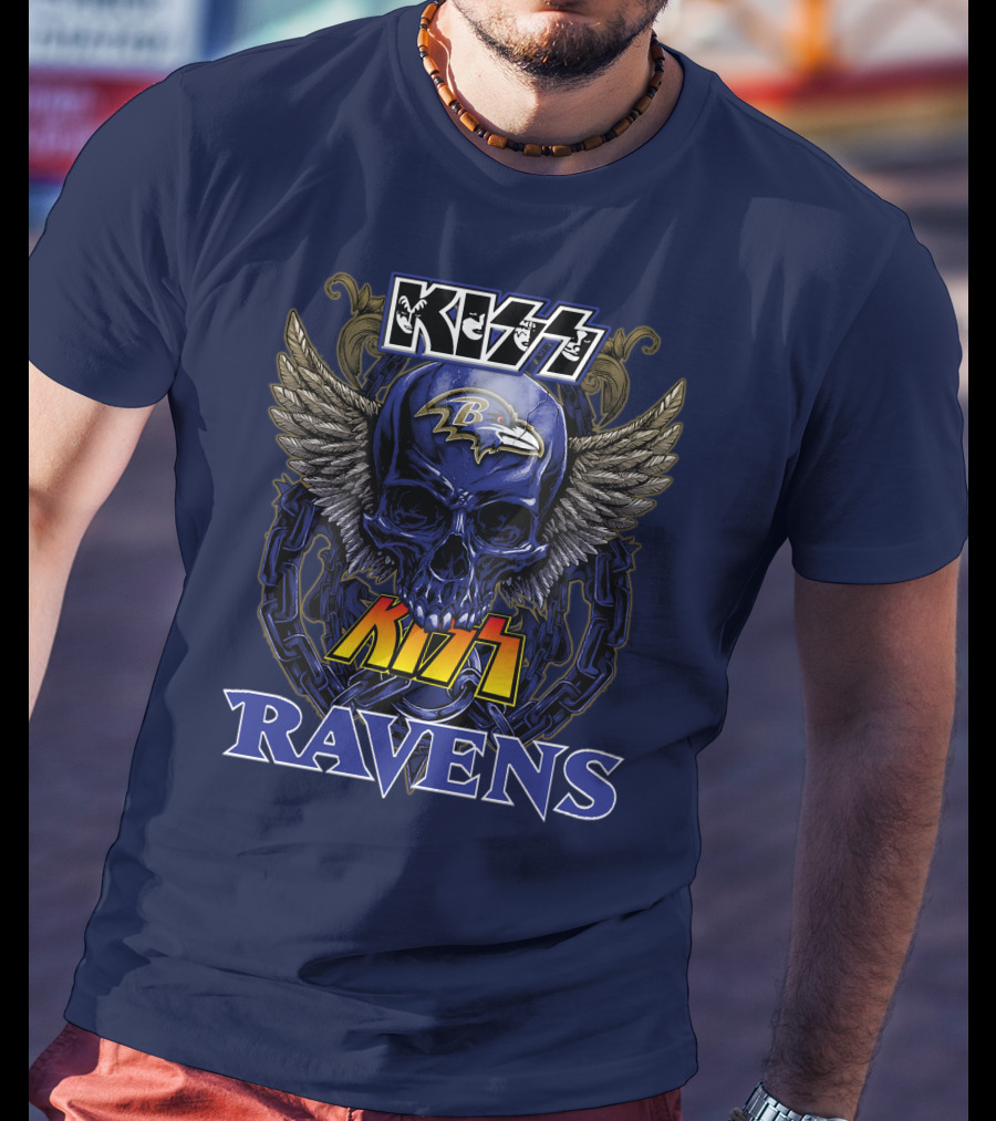 Kiss Ravens Baltimore Football Skull Wings T-Shirt