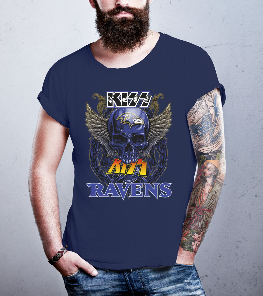Kiss Ravens Baltimore Football Skull Wings T-Shirt