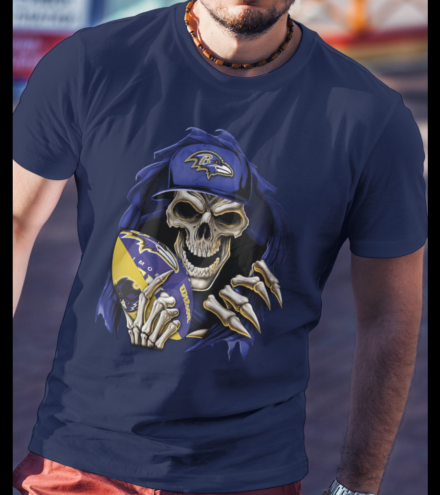 Skullbong Baltimore Ravens Skeleton With Football And Cap T-Shirt