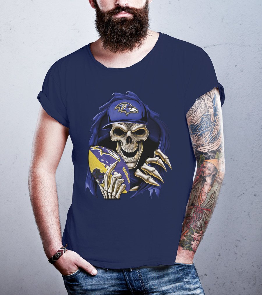 Skullbong Baltimore Ravens Skeleton With Football And Cap T-Shirt