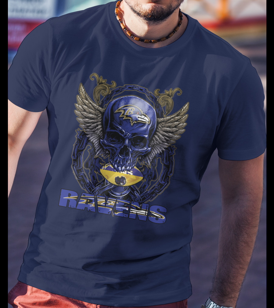 Baltimore Ravens Skull With Wings And Chain T-Shirt