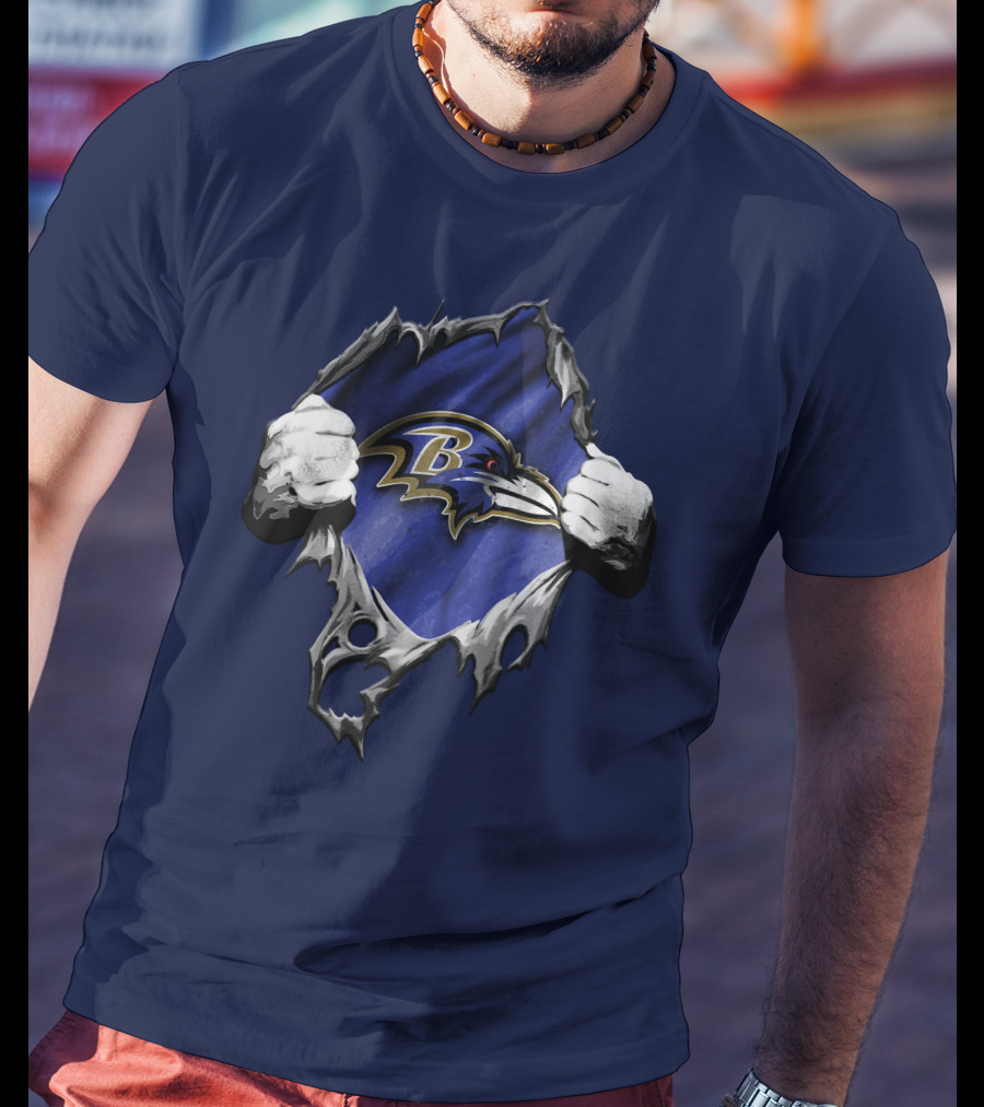 Torn V2 Baltimore Ravens Logo With Ripping Hands On Blue T-Shirt