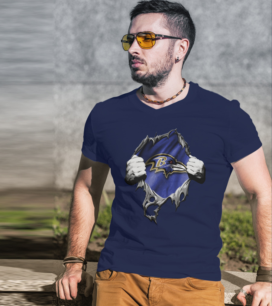 Torn V2 Baltimore Ravens Logo With Ripping Hands On Blue T-Shirt