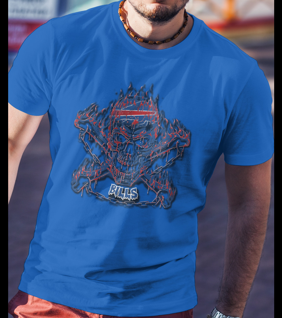 Buffalo Bills Flaming Skull Crossbones T-Shirt