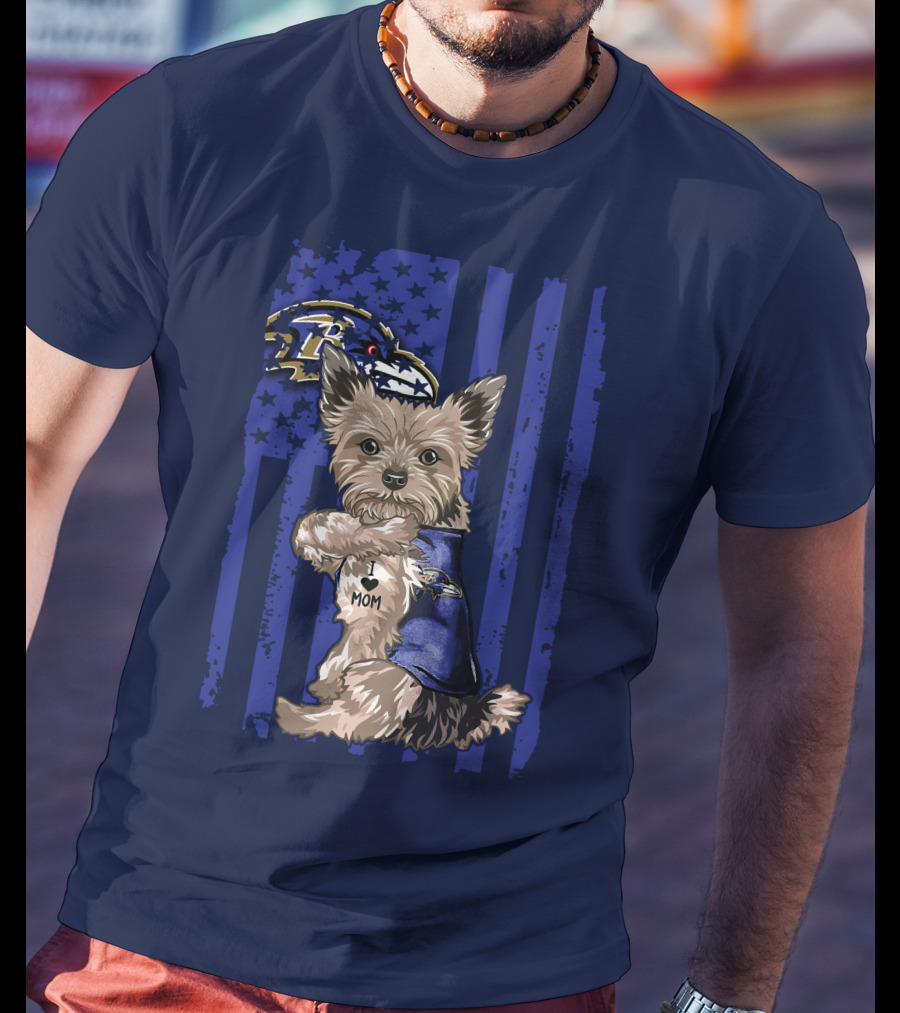Yorkshire Terrier I Love Mom Baltimore Ravens Stars Stripes T-Shirt