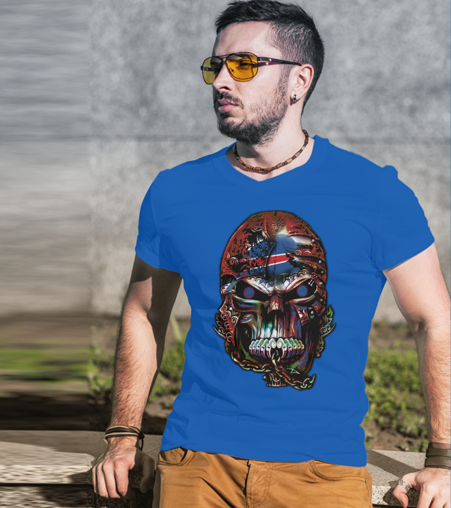 Buffalo Bills 53 Skull Art With American Flag And Tribal Elements T-Shirt