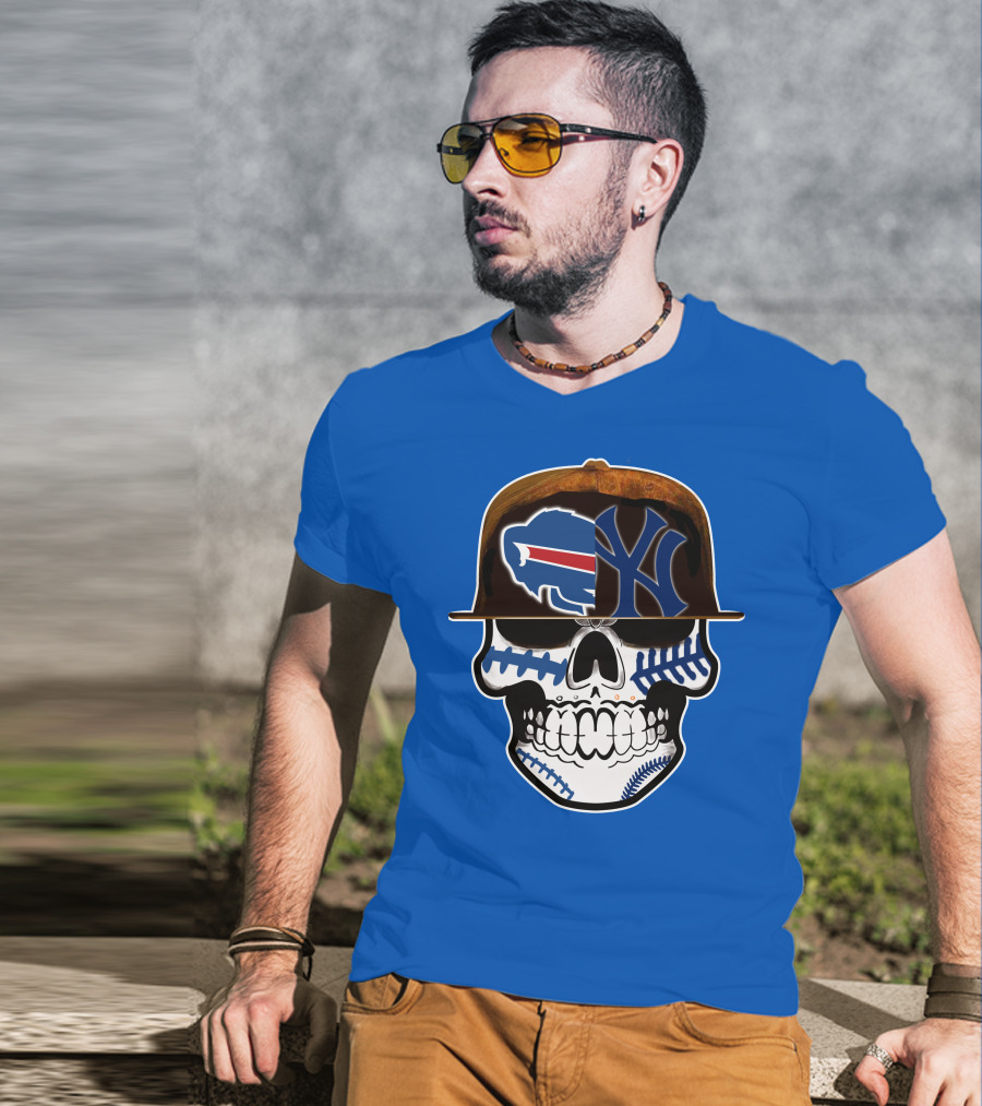Buffalo Bills 75 Skull Design With Split Logo Yankees Cap T-Shirt