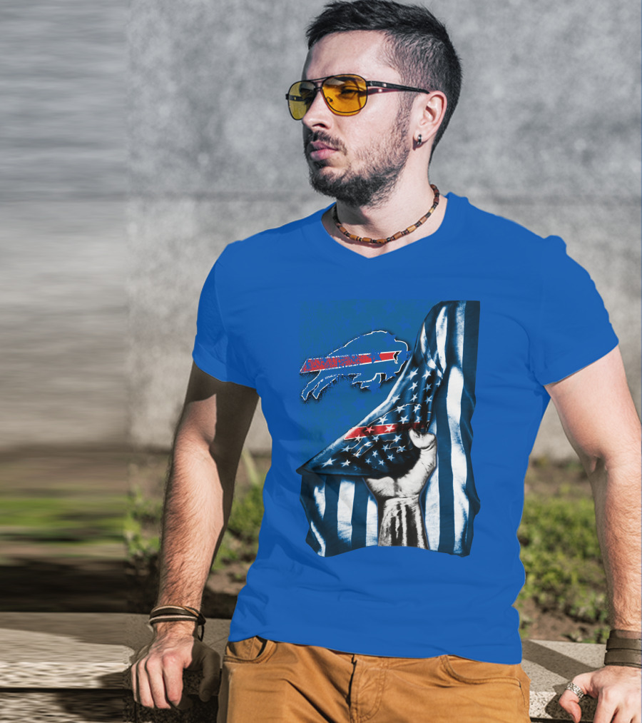 Buffalo Bills American Flag Blue Stripes Football Fan Fist T-Shirt