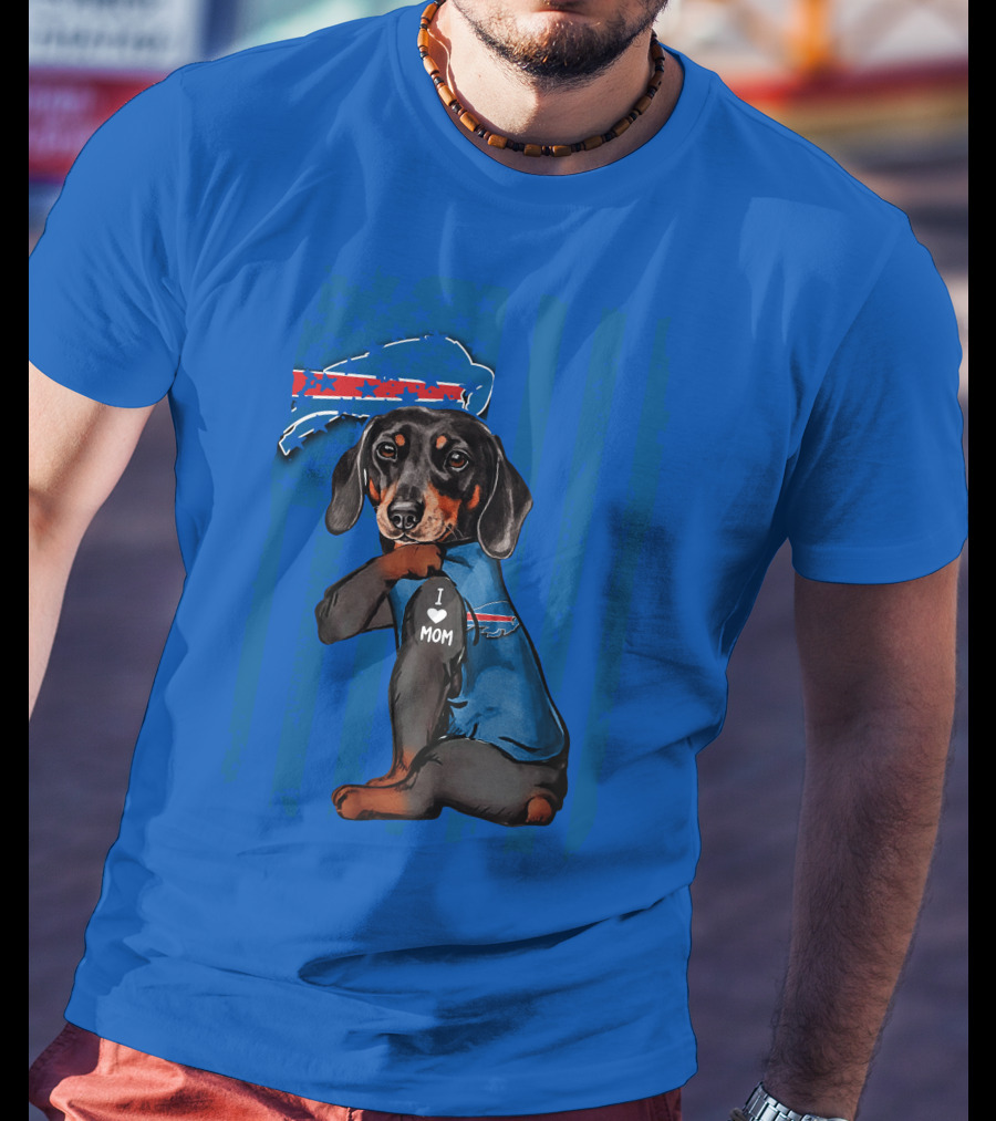 Dachshund Wearing Buffalo Bills Gear I Love Mom T-Shirt