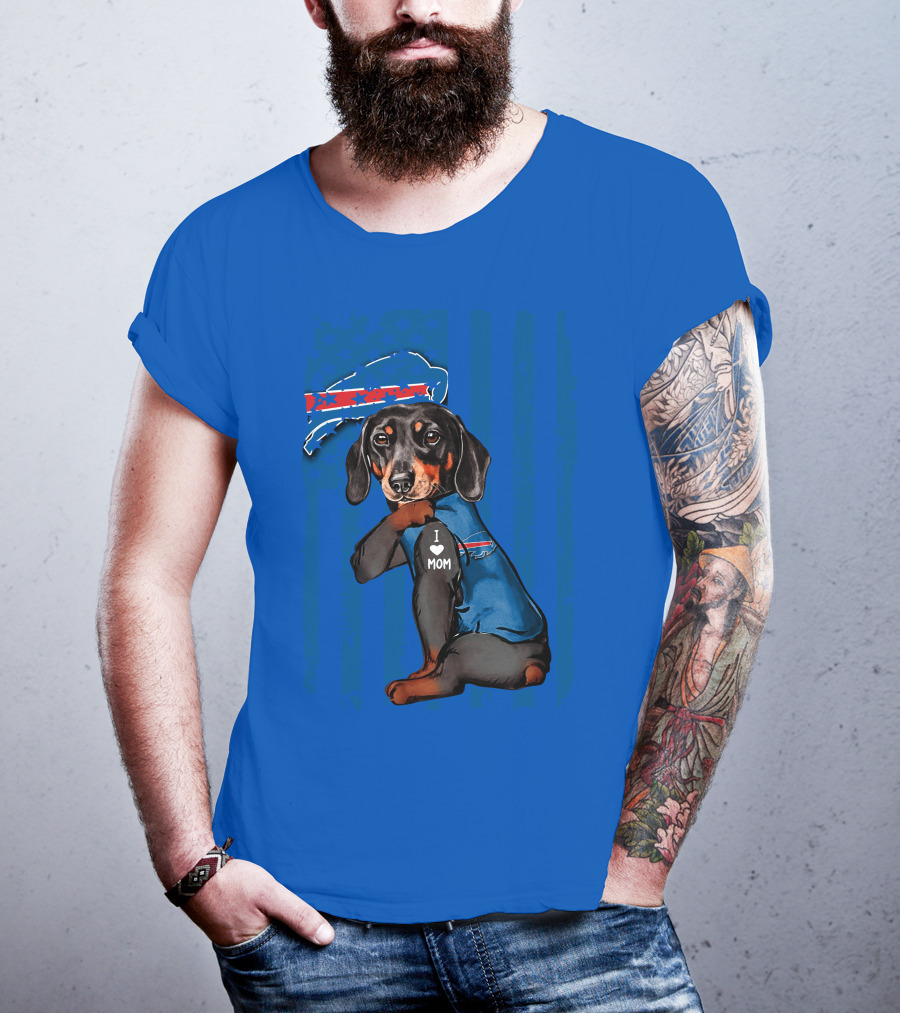 Dachshund Wearing Buffalo Bills Gear I Love Mom T-Shirt