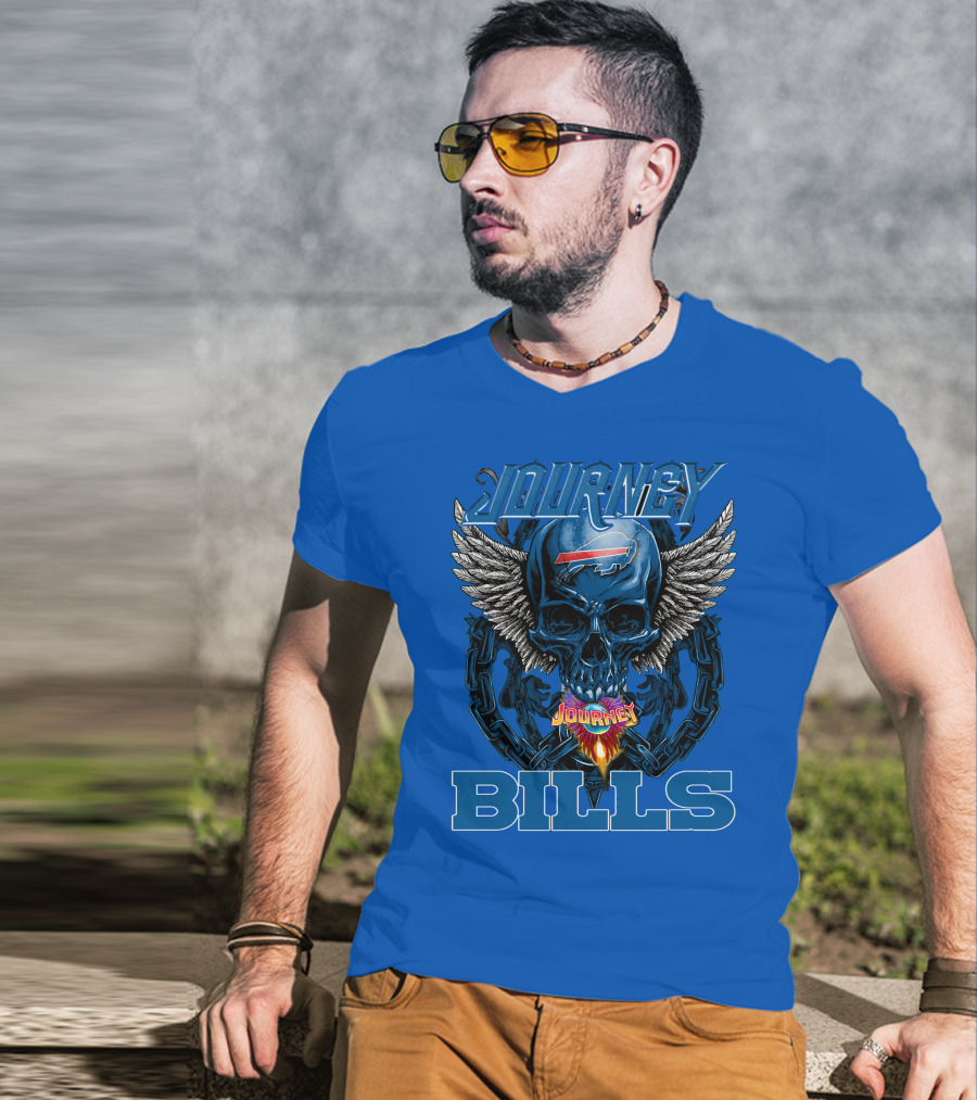 Journey Buffalo Bills Skull Wings Flame Chain T-Shirt