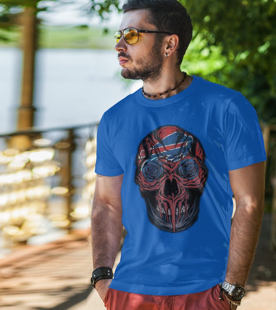 Buffalo Bills 34 Skull With Blue And Red Rose Eyes On Blue T-Shirt