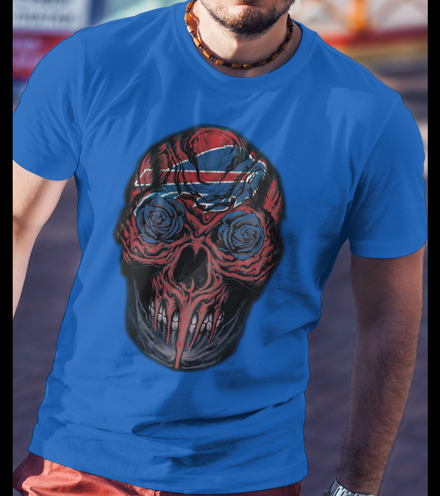 Buffalo Bills 34 Skull With Blue And Red Rose Eyes On Blue T-Shirt
