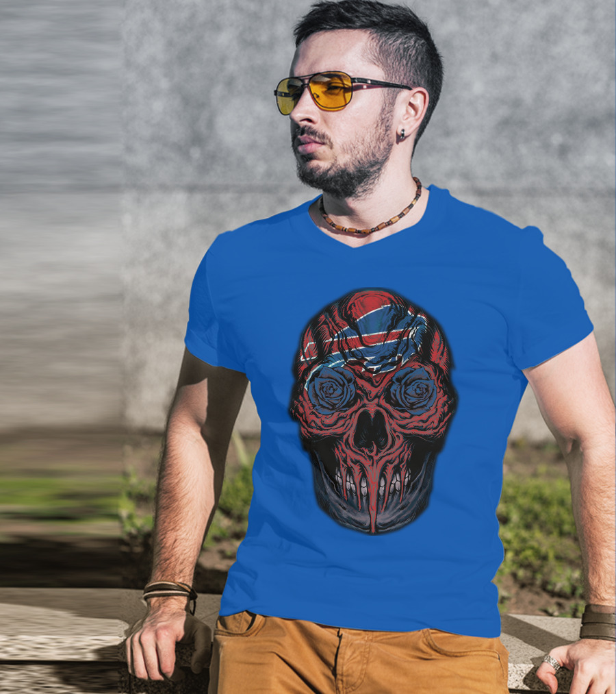 Buffalo Bills 34 Skull With Blue And Red Rose Eyes On Blue T-Shirt