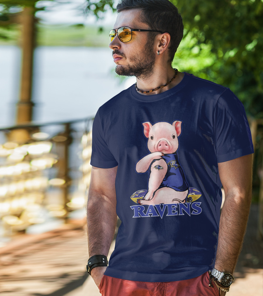 Ravens Pig Mascot With Baltimore Ravens T-Shirt