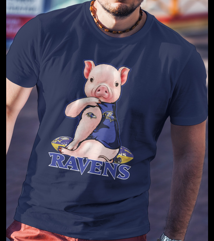 Ravens Pig Mascot With Baltimore Ravens T-Shirt