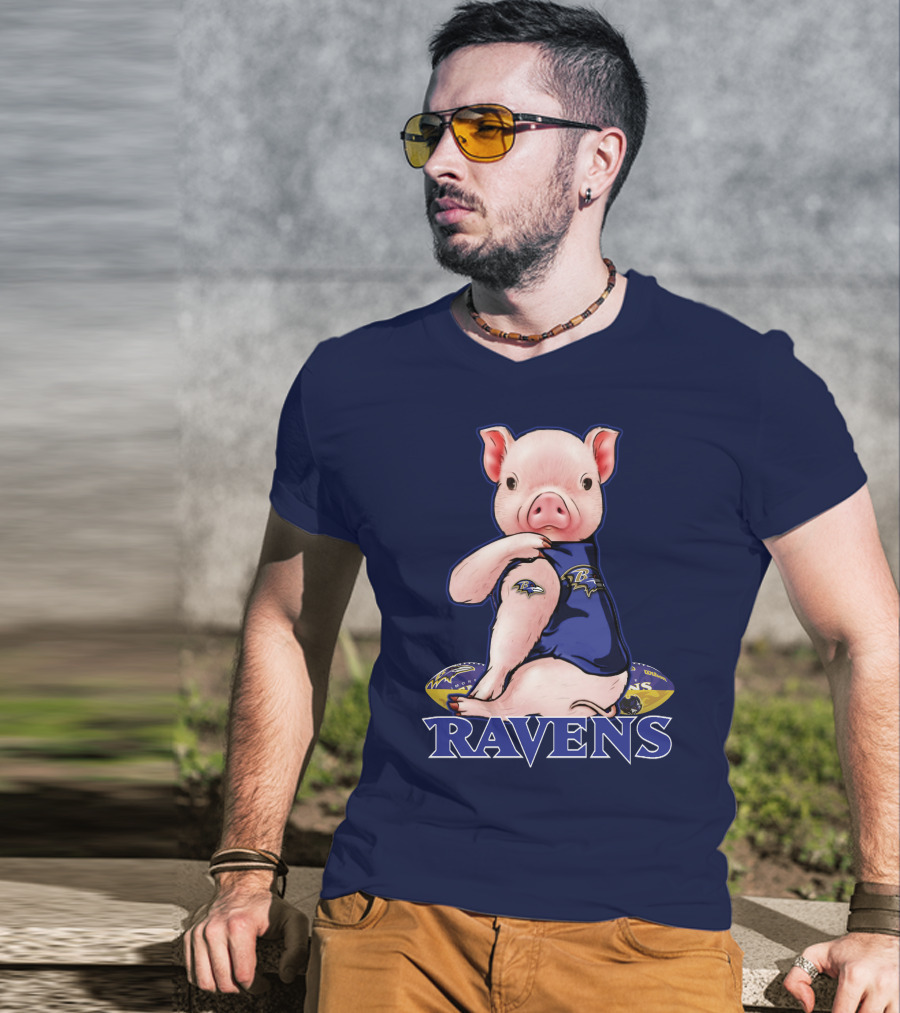 Ravens Pig Mascot With Baltimore Ravens T-Shirt