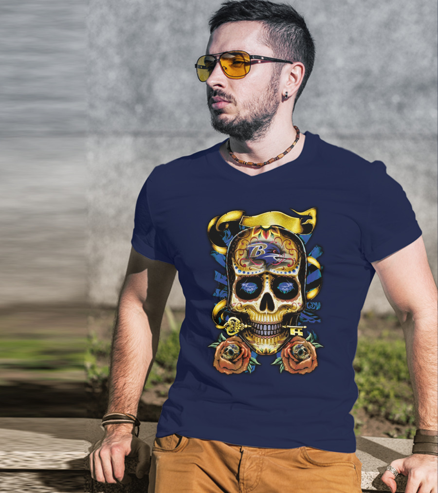Baltimore Ravens Sugar Skull Art With Roses And Ribbon T-Shirt