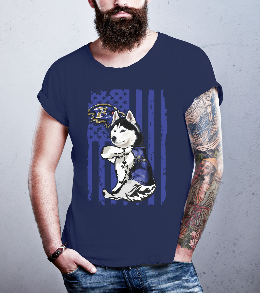 Siberian Husky Baltimore Ravens Mom Stars And Stripes T-Shirt