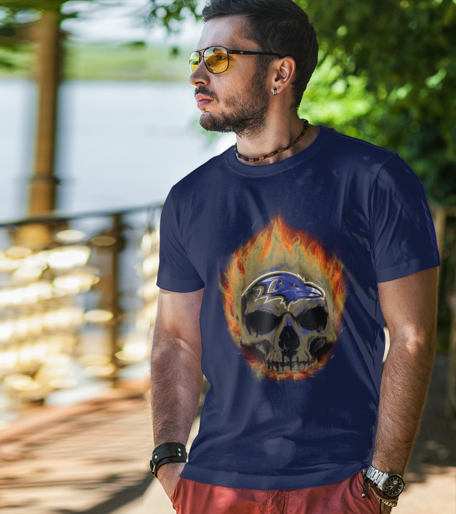 Baltimore Ravens Skull Flaming Logo Fire T-Shirt