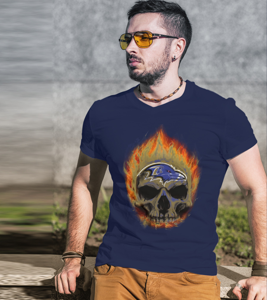Baltimore Ravens Skull Flaming Logo Fire T-Shirt
