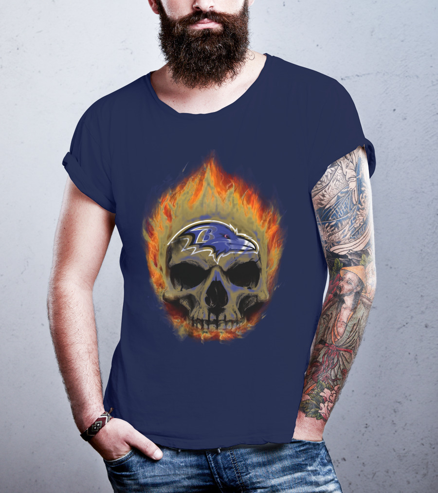 Baltimore Ravens Skull Flaming Logo Fire T-Shirt