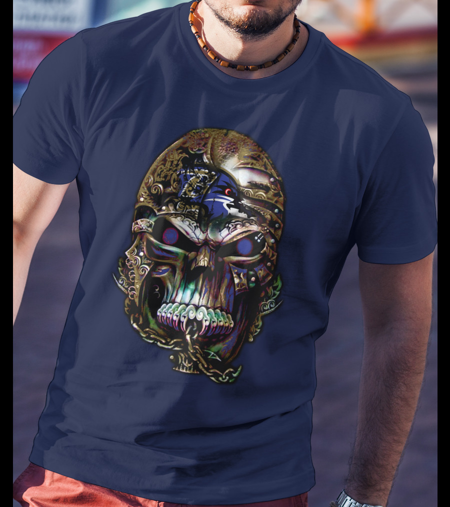 Baltimore Ravens 70 Skull Design With Ravens Logo And Metallic Elements T-Shirt