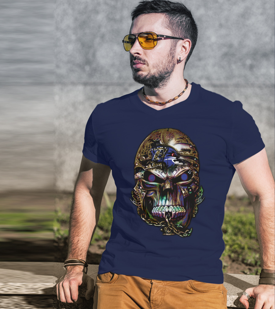 Baltimore Ravens 70 Skull Design With Ravens Logo And Metallic Elements T-Shirt
