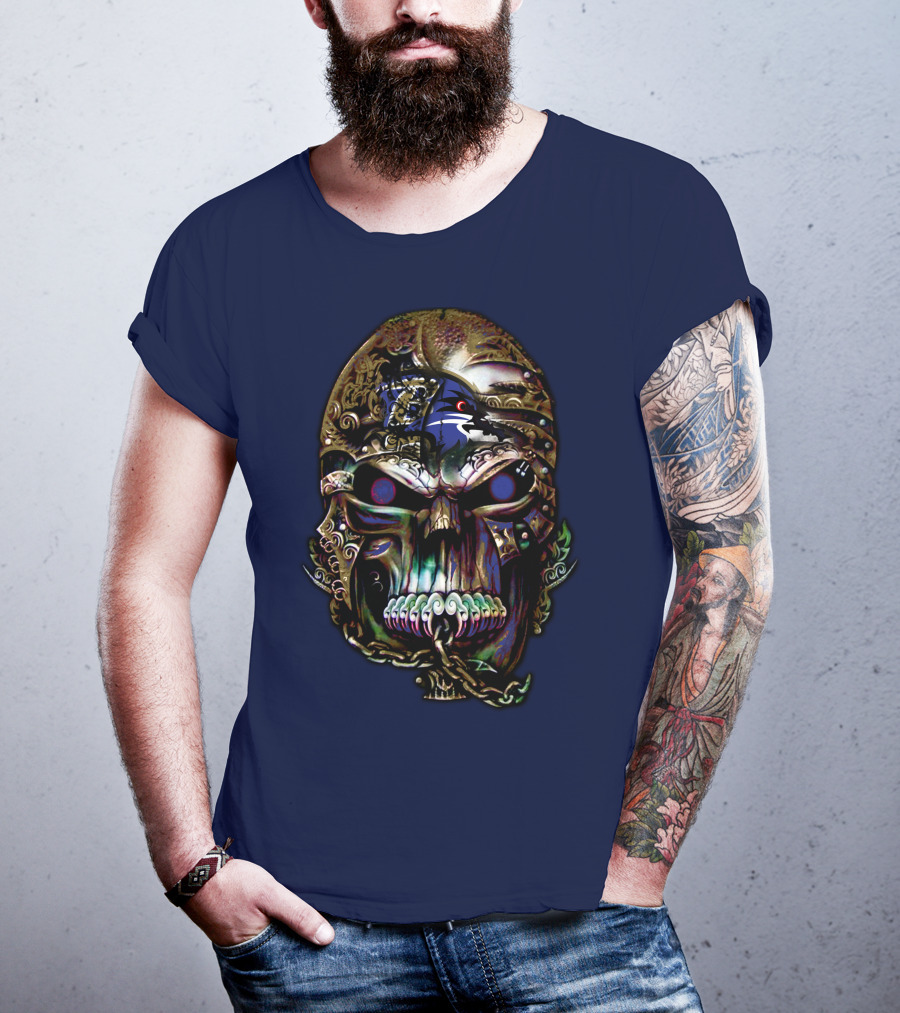 Baltimore Ravens 70 Skull Design With Ravens Logo And Metallic Elements T-Shirt