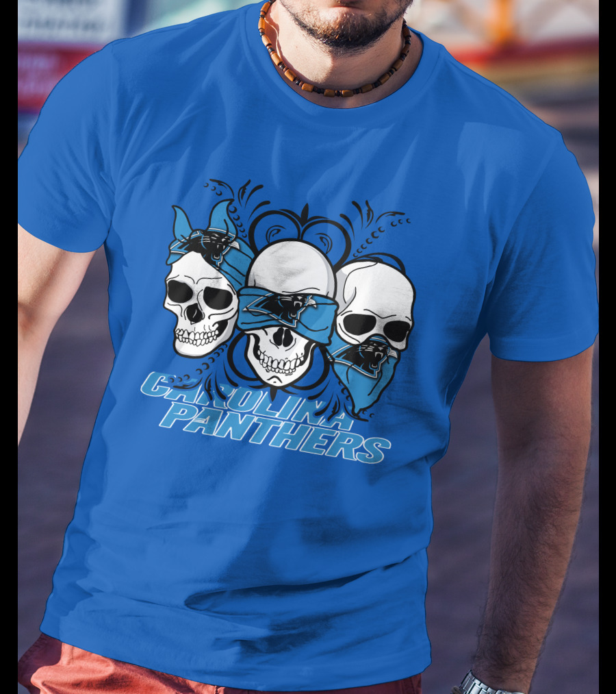 3 Skull CAROLINA PANTHERS Blindfolded Bandana T-Shirt