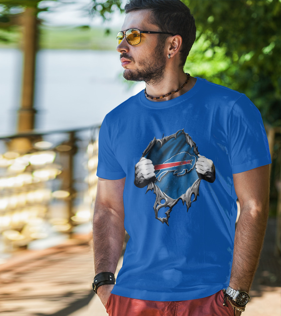 Torn Buffalo Bills Ripped Logo Hands Blue Background T-Shirt